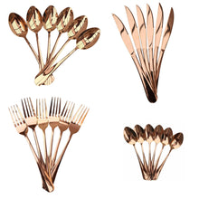 Cargar imagen en el visor de la galería, Juego Cubiertos Estuche Huevo 24 Piezas Acero Inoxidable Oro Rosa