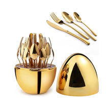 Cargar imagen en el visor de la galería, Juego Cubiertos Estuche Huevo 24 Piezas Acero Inoxidable Dorado