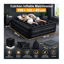 Cargar imagen en el visor de la galería, Colchón Inflable Doble 198 x 150 x 40 cm Inflador Eléctrico Inalámbrico Negro
