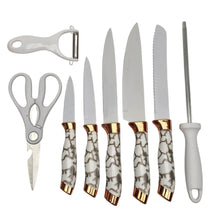 Cargar imagen en el visor de la galería, Set Cuchillos Acero Inoxidable 9 Piezas + Base Giratoria Blanco