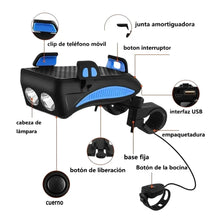 Cargar imagen en el visor de la galería, Linterna Para Bicicleta Azul Con Soporte Celular Power Bank Pito
