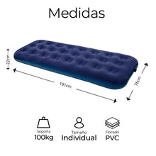 Cargar imagen en el visor de la galería, Colchón Inflable Doble Camping + Inflador Manual 190 x 150 x20cm 300 Kg Azul
