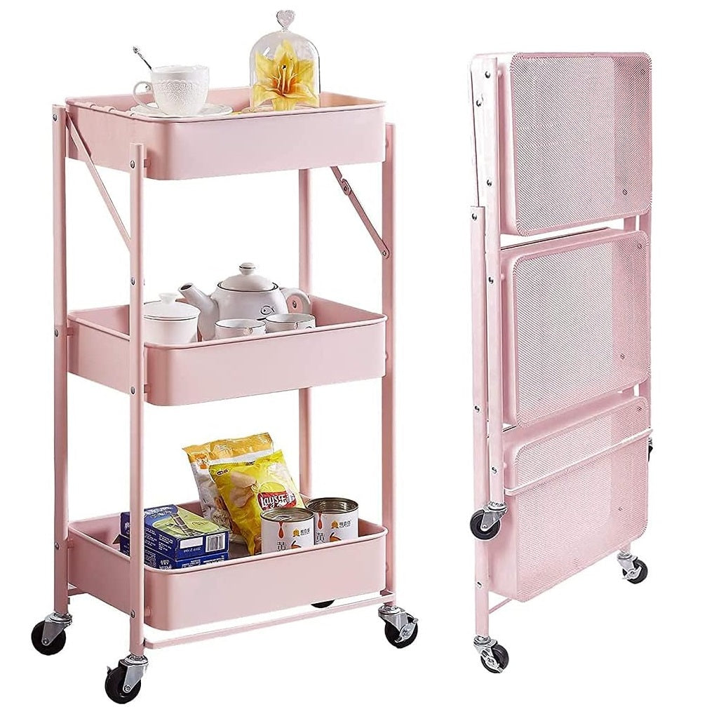 Organizador Carro Multiuso Plegable 3 Niveles Con Ruedas Rosa