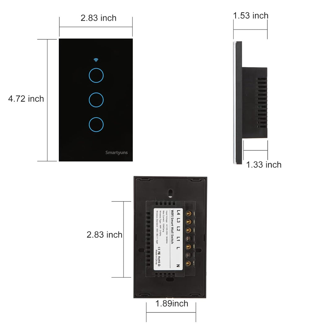 Switch Inteligente Wifi Google Home Y Alexa 3 Botones Negro